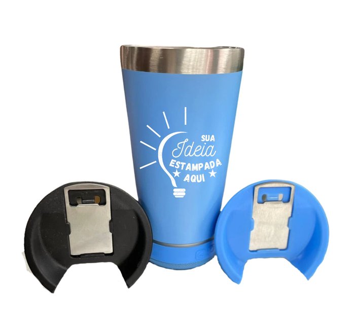 Copo térmico azul claro personalizado com caixa de som Bluetooth, luz LED e tampas com abridor de garrafa