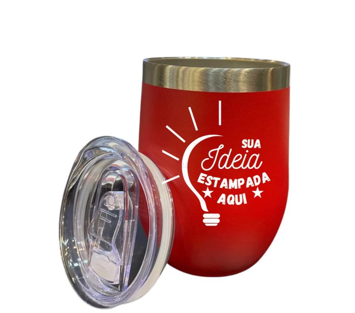 Copo cuia térmico vermelho em inox com tampa transparente antivazamento e gravação personalizada