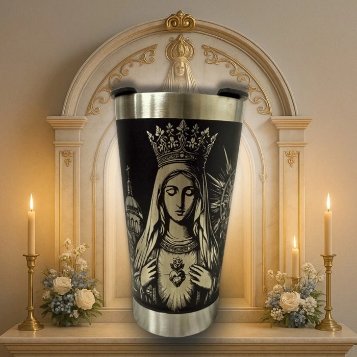 Copo térmico em inox preto com gravação de Nossa Senhora Aparecida coroada, em altar com velas e flores