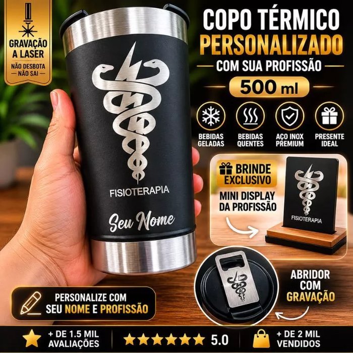 Copo térmico preto 500 ml com gravação a laser do símbolo de fisioterapia, nome e profissão, tampa abridor e mini display de brinde